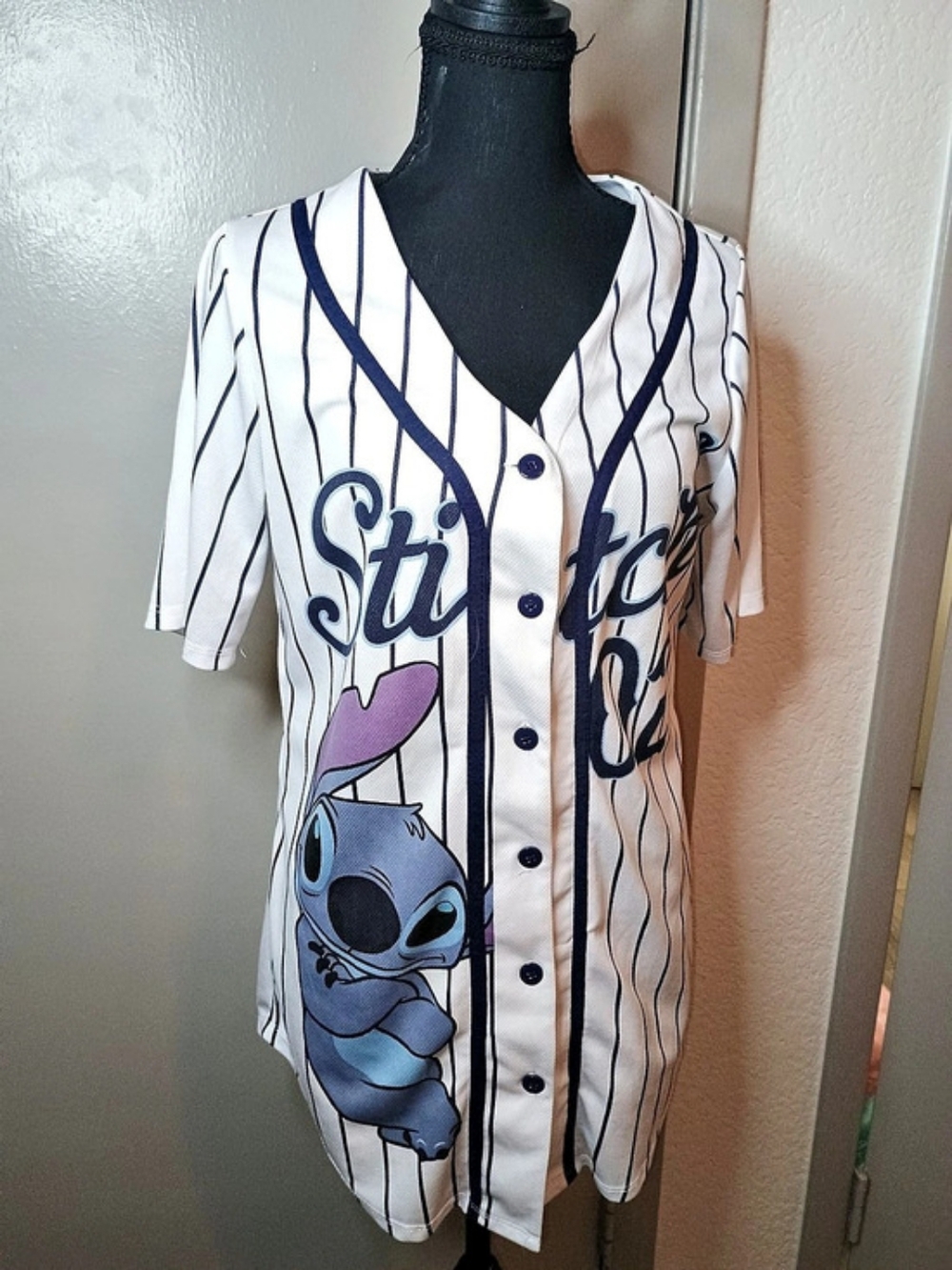 Disney Stitch Ohana Means Family Pinstripe Baseball Jersey White & Blue